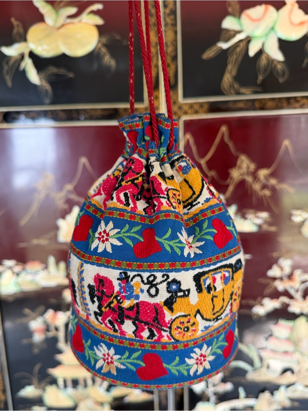 Vintage handmade embroidered ribbons pouch bag